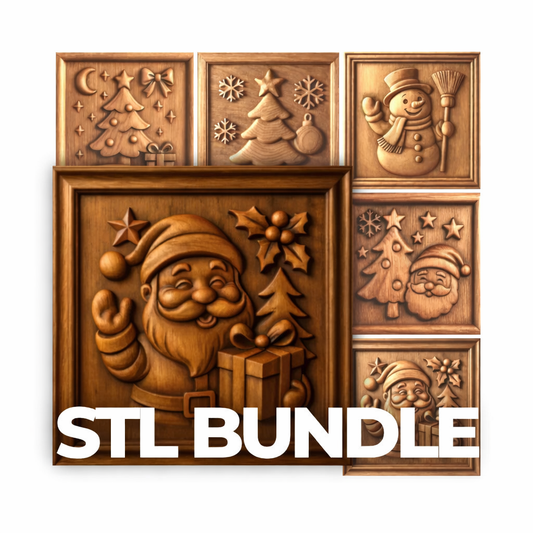 Christmas Santa CNC relief STL bundle preview showing multiple framed wood carved holiday designs including Santa, Christmas trees, and snowman, labeled STL BUNDLE for CNC carving and 3D printing
