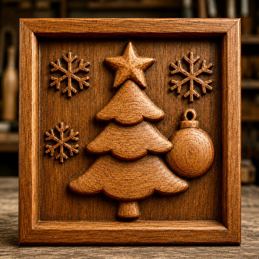 Introducing the “Christmas Tree Relief STL File” by Form Arcade—a beautifully designed digital file for CNC woodworking wall art. This holiday-themed piece features a Christmas tree adorned with three snowflakes, a star on top, and a round ornament, all intricately crafted in bas relief within a wooden frame—perfect as unique seasonal décor or a special gift for woodworkers.
