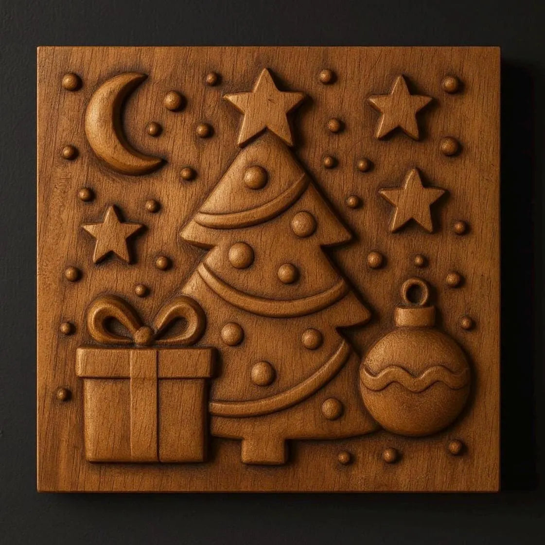 Close up wooden relief carving of a Christmas tree with gift, moon, stars, and ornaments, showcasing detailed bas relief depth and smooth carving transitions for CNC and 3D printing use.