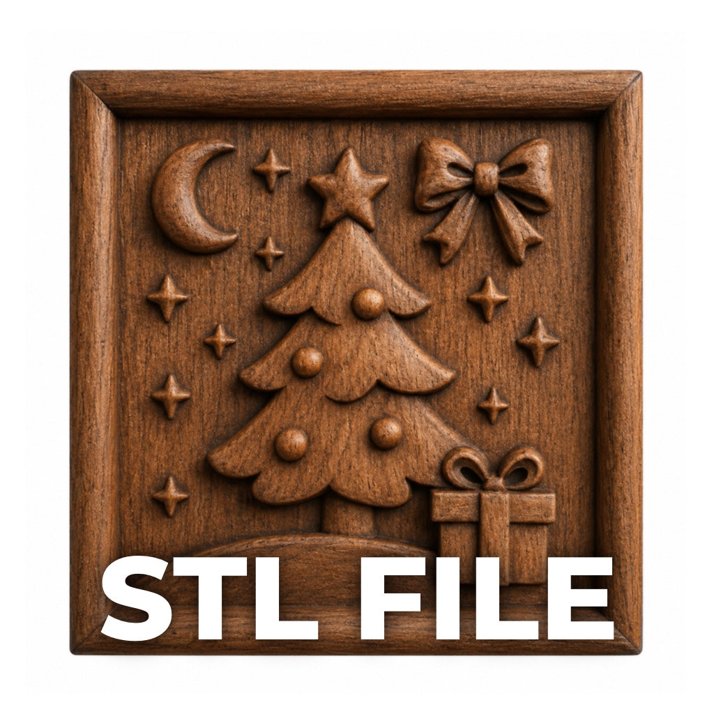 The Christmas Tree Gift Relief STL File by Form Arcade features a festive tree, ornaments, gift, bow, moon, and stars—ideal for holiday CNC wall art or bas relief projects. Bold white text reads "STL FILE" at the bottom.