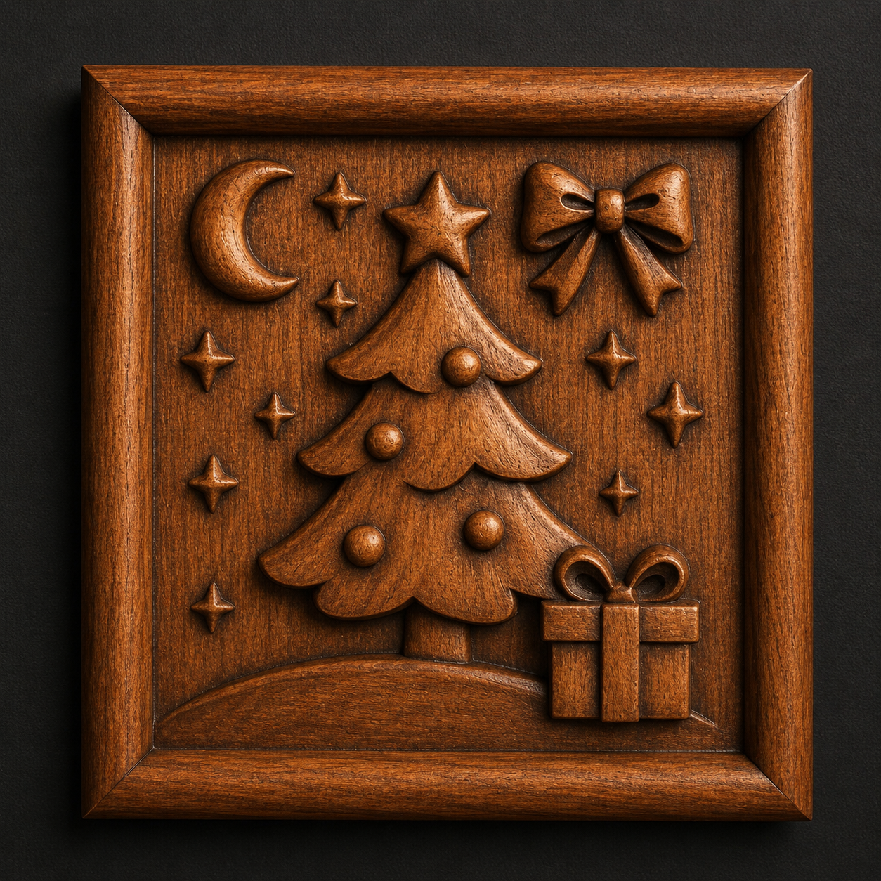 The Christmas Tree Gift Relief STL File by Form Arcade features a CNC-ready square design with a Christmas tree, ornaments, bow, gift box, moon, and stars—ideal holiday wall art for woodworking projects.