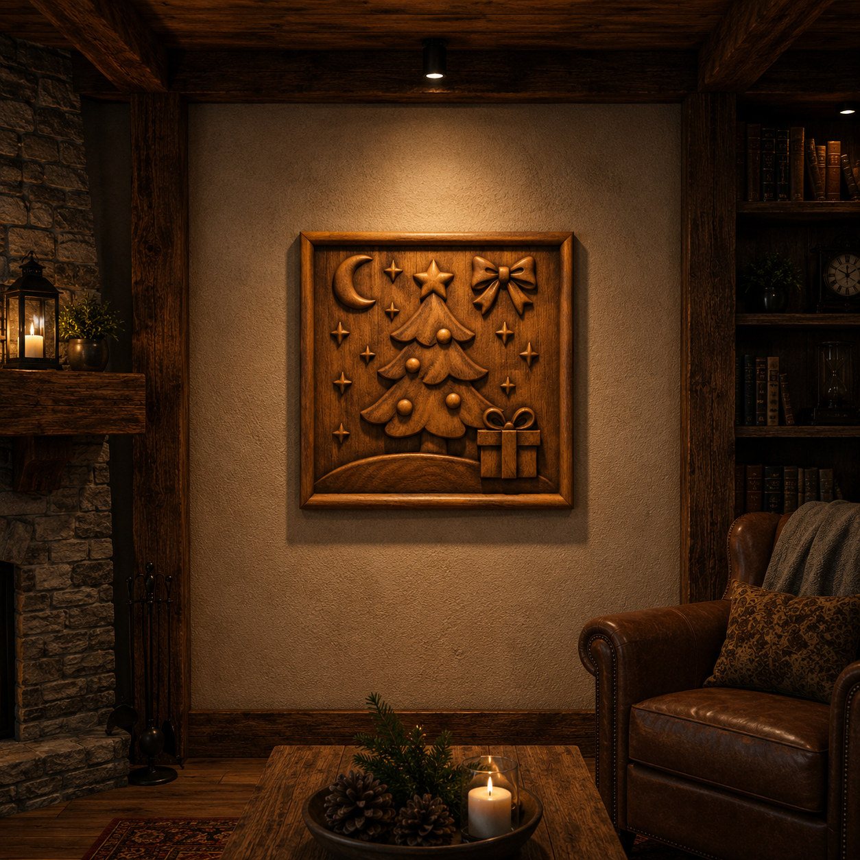 A cozy living room with a leather armchair, bookshelves, a stone fireplace, candle on the table, and Form Arcade’s Christmas Tree Gift Relief STL File—CNC wall art featuring a tree, stars, moon, bow, and presents.