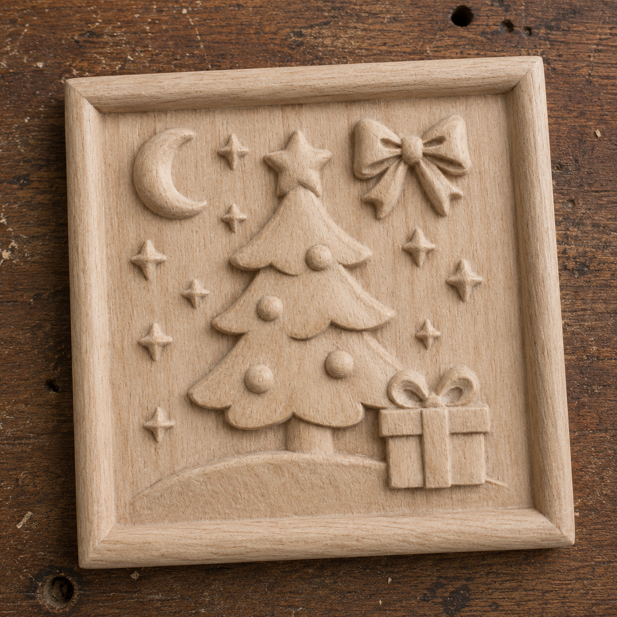 The Christmas Tree Gift Relief STL File by Form Arcade features a square wooden design with a tree, ornaments, moon, stars, bow, and gift box—perfect holiday CNC wall art framed in a raised border.