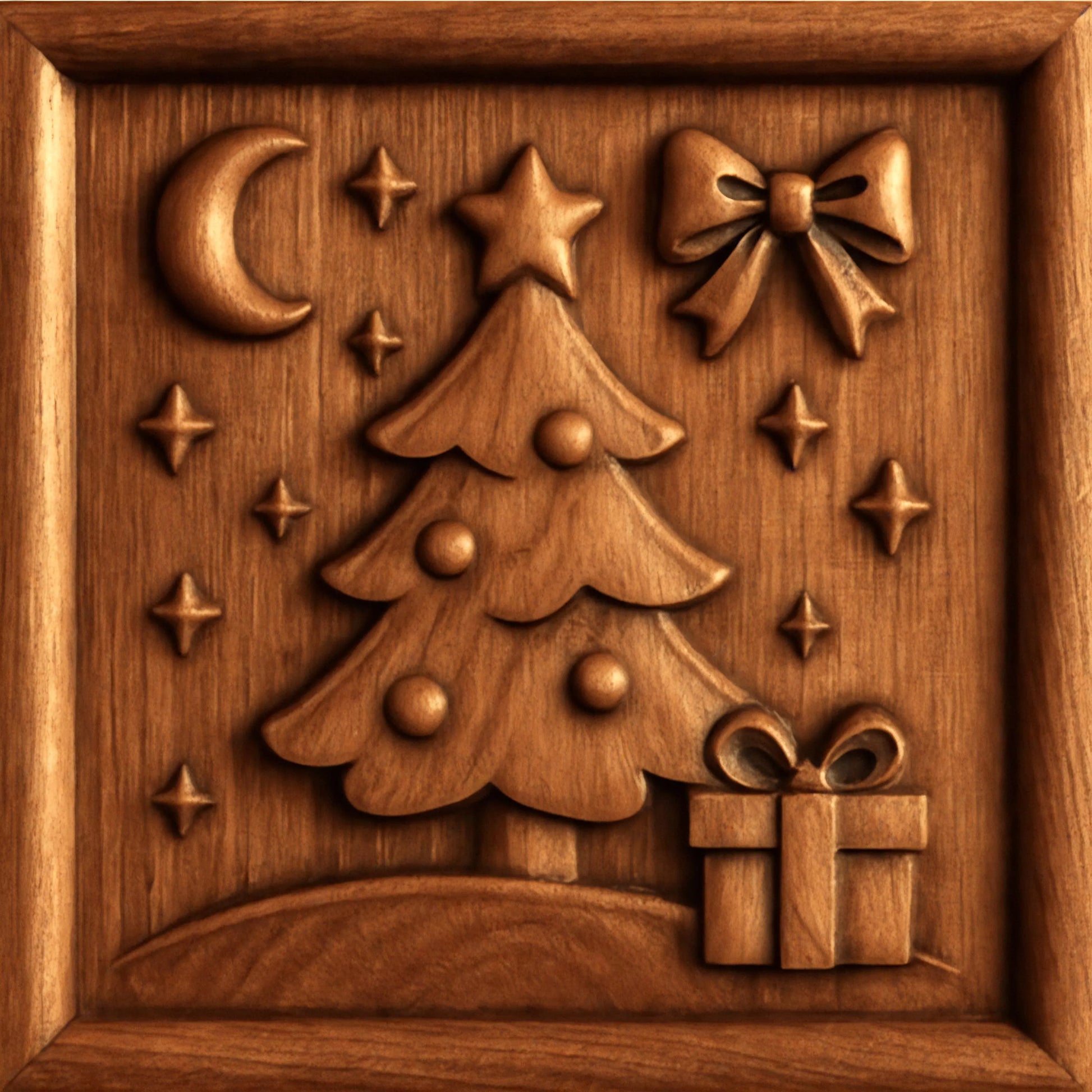 Wood carved Christmas tree relief with moon, stars, bow, and gift elements, designed for high contrast CNC carving and clean bas relief depth.