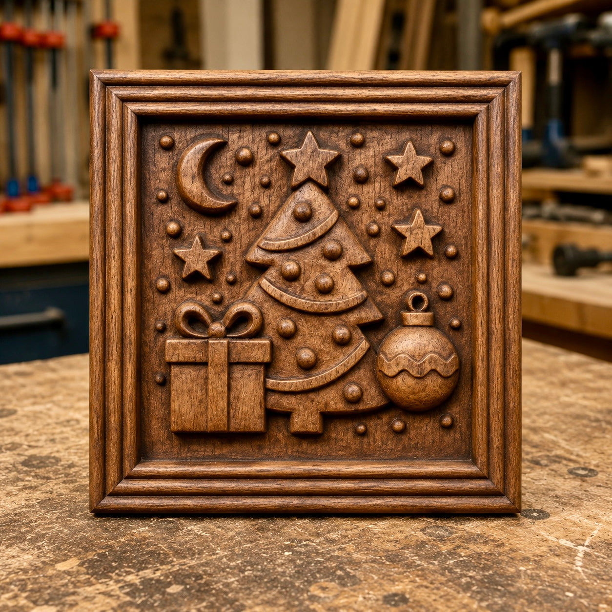The Christmas Tree Ornament CNC Relief STL File by Form Arcade features a detailed design of a wooden plaque with a carved Christmas tree, stars, crescent moon, gift box, and ornament—perfectly set against a backdrop of woodworking tools for an inspiring centerpiece in your workshop or as unique wall art for your next CNC project.