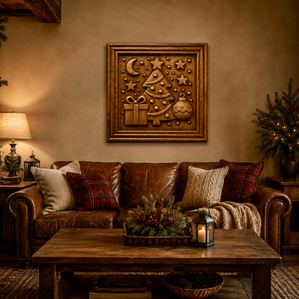A cozy living room with a brown leather sofa, plaid pillows, a wooden coffee table, and festive Christmas decor is beautifully accented by framed wall art featuring the "Christmas Tree Ornament CNC Relief STL File" from Form Arcade—showcasing a tree, stars, moon, gifts, and ornaments for the perfect woodworking or CNC carving inspiration.