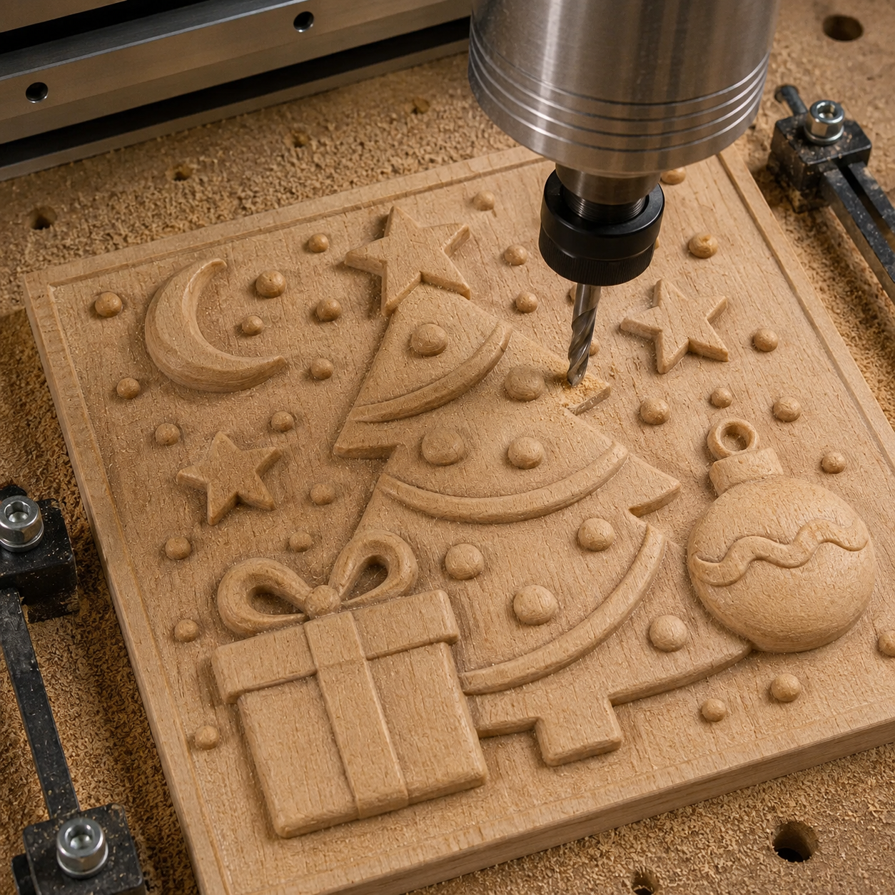 A CNC machine carves a wooden plaque featuring a Christmas tree, stars, a gift, an ornament, and a crescent moon surrounded by dots resembling snow—a charming project idea using the "Christmas Tree Ornament CNC Relief STL File | Christmas CNC Wall Art" by Form Arcade for woodworking or anyone seeking a unique Christmas tree ornament design.