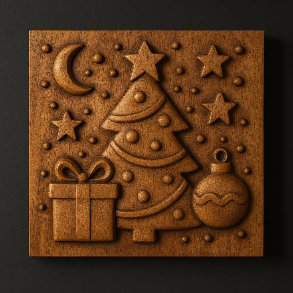 A square dark-background wooden relief features a Christmas tree, stars, crescent moon, gift box, ornament, and decorative dots—an inspiring project for CNC Relief Carving or Woodworking using the "Christmas Tree Ornament CNC Relief STL File | Christmas CNC Wall Art" by Form Arcade.