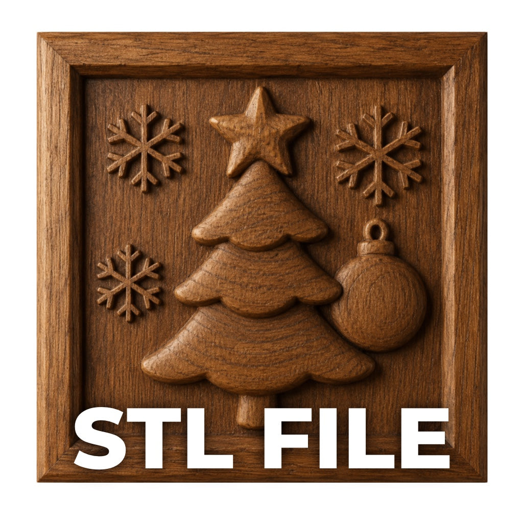 Form Arcade’s Christmas Tree Relief STL File features a tree with a star, two snowflakes, and an ornament. "STL FILE" is boldly displayed below—ideal for CNC carving or 3D printing your own holiday wall art.