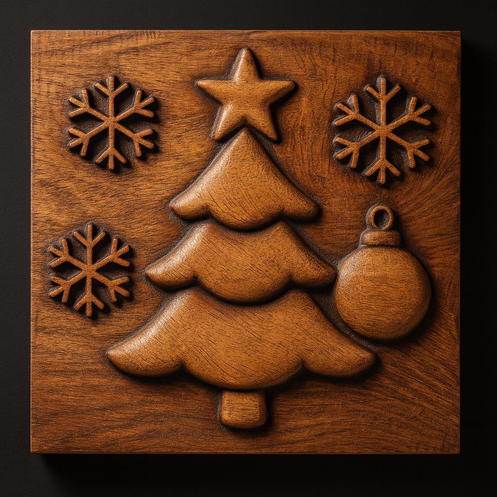 The Christmas Tree Relief STL File by Form Arcade features a carved panel with a tree, star, snowflakes, and ornament in raised relief—ideal for CNC wall art or 3D printing holiday projects.