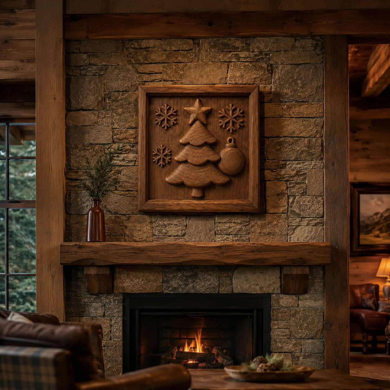 A cozy living room features a stone fireplace with a wooden mantel, adorned with Form Arcade’s Christmas Tree Relief STL File CNC wall art above. A small vase of greenery sits on the mantel while a fire burns warmly below.