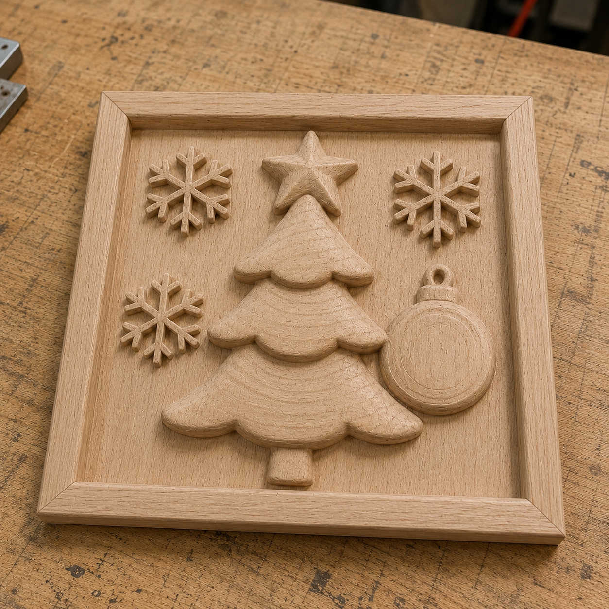 The "Christmas Tree Relief STL File | Holiday CNC Wall Art" by Form Arcade features a CNC-carved Christmas tree, three snowflakes, and an ornament—perfect for festive décor.