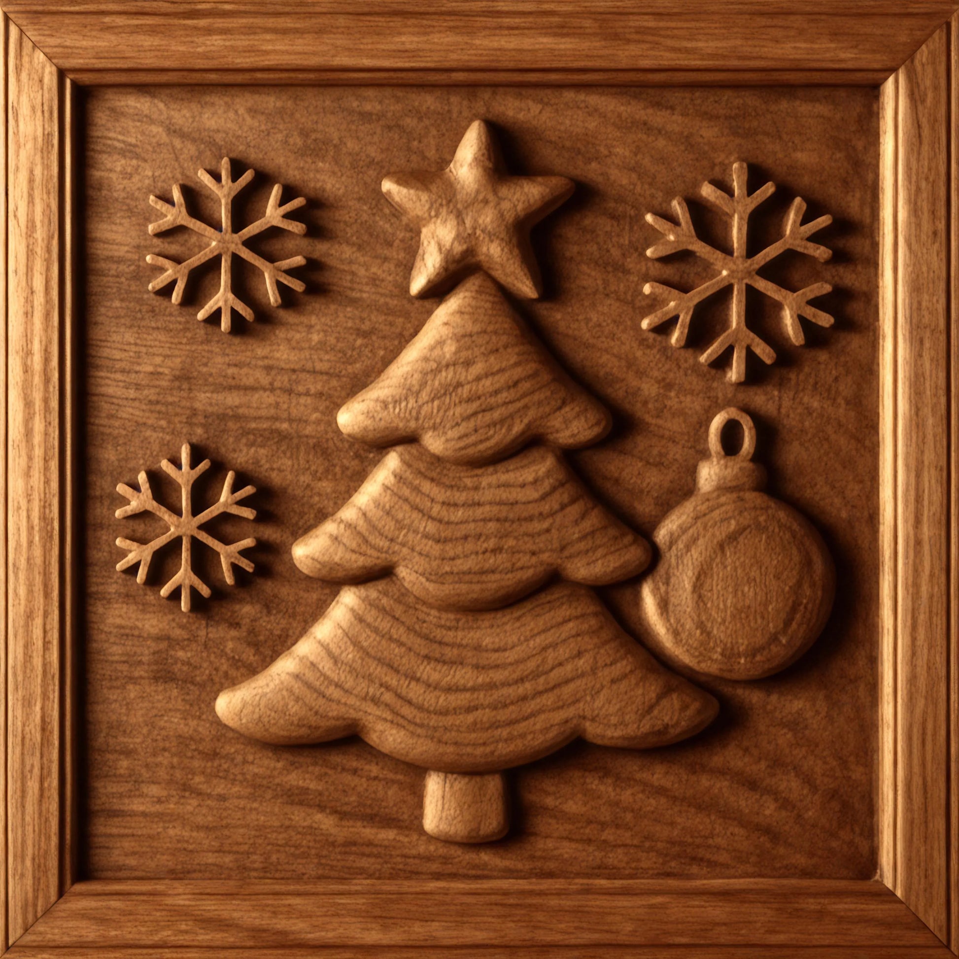 Wood carved Christmas tree relief with snowflakes and ornament details, designed with smooth depth transitions and crisp carving lines for CNC relief cutting.