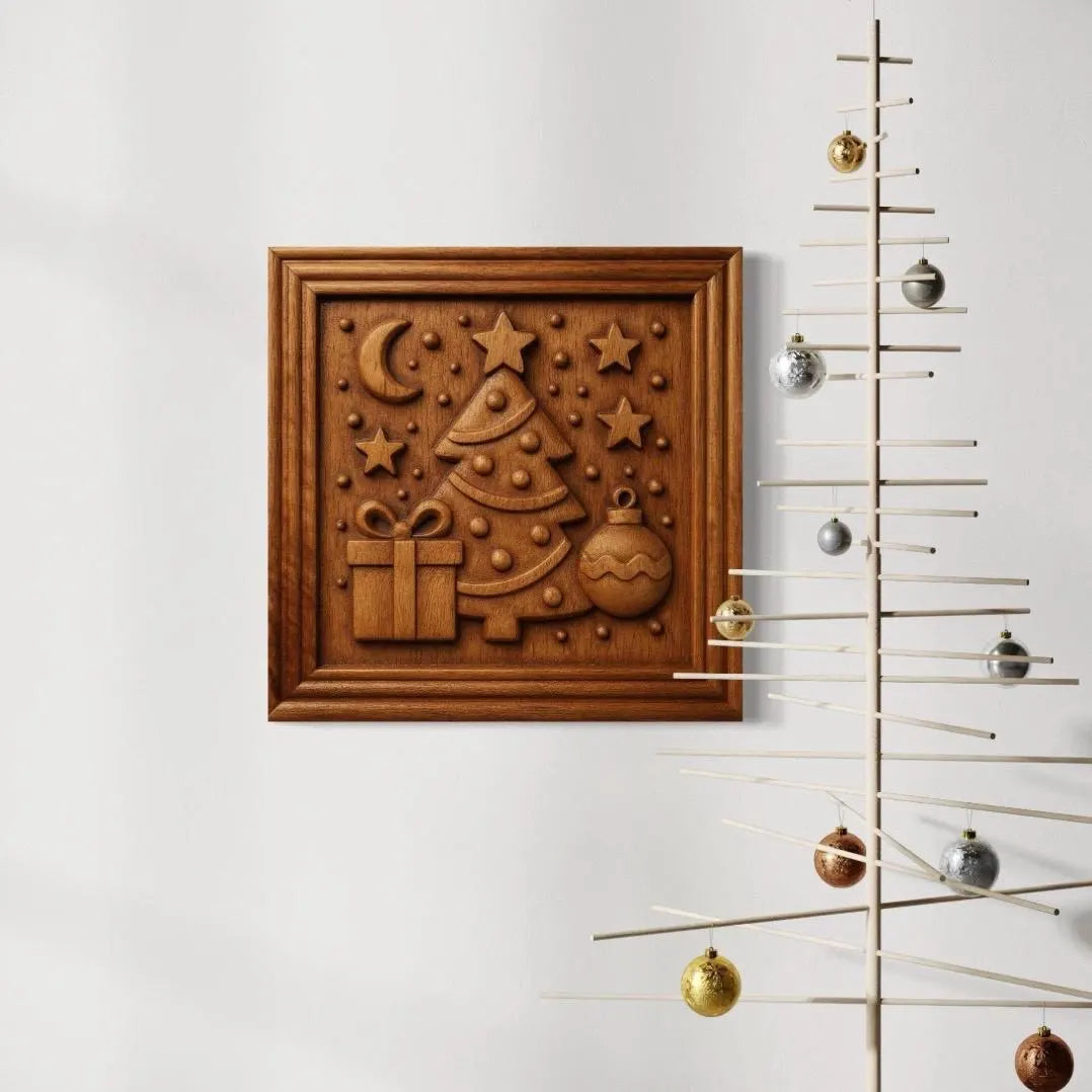Wood carved Christmas tree relief panel mounted on a modern wall with minimalist holiday decor, showing clean depth carving and smooth detail designed for CNC carving and STL workflows.