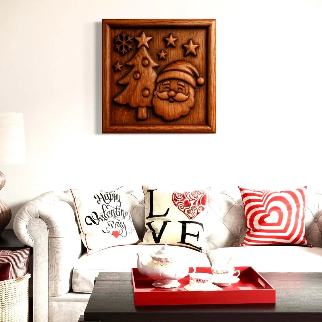 Wood carved Christmas relief panel displayed above a couch in a living room setting, showing how CNC carved holiday wall art integrates into home decor.