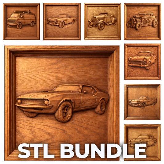 A collage of wooden 3D reliefs features vintage cars in square frames—centered with a muscle car—ideal for CNC carving or 3D printing. Classic Car Collection 8-Pack STL Bundle by Form Arcade shown at the bottom.