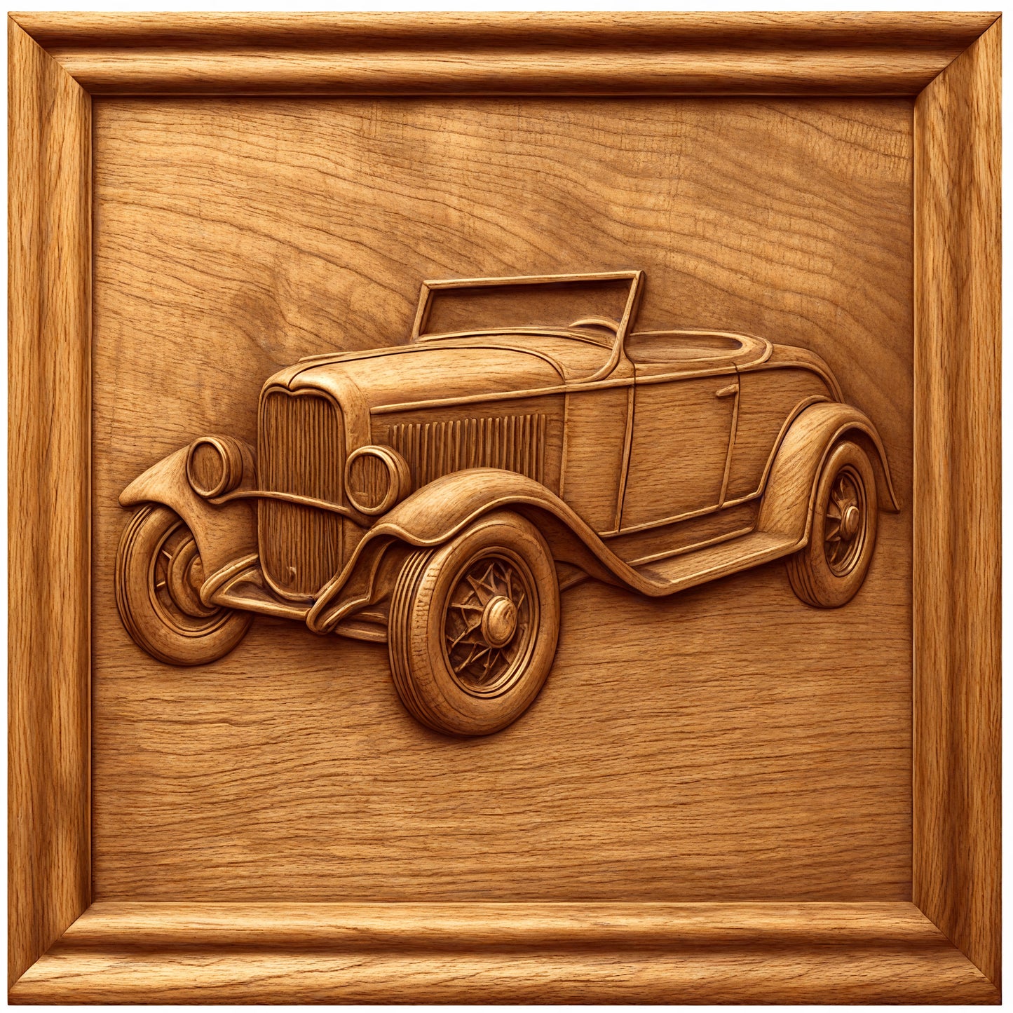 The Classic Car Collection 8-Pack STL Bundle by Form Arcade features CNC reliefs of vintage cars with intricate wheel, body, and grill details, each framed by a rectangular wooden border.