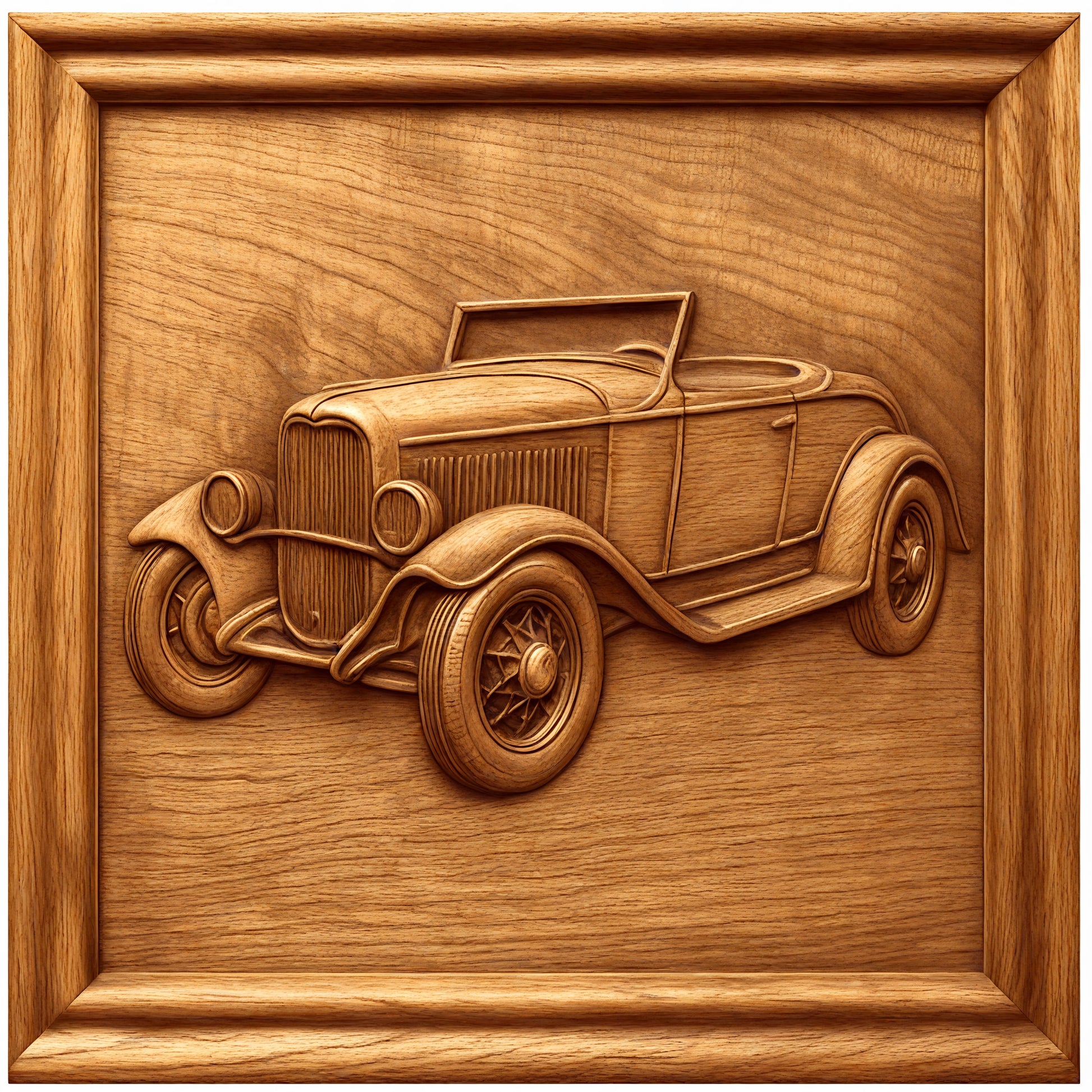 The Classic Car Collection 8-Pack STL Bundle by Form Arcade features CNC reliefs of vintage cars with intricate wheel, body, and grill details, each framed by a rectangular wooden border.