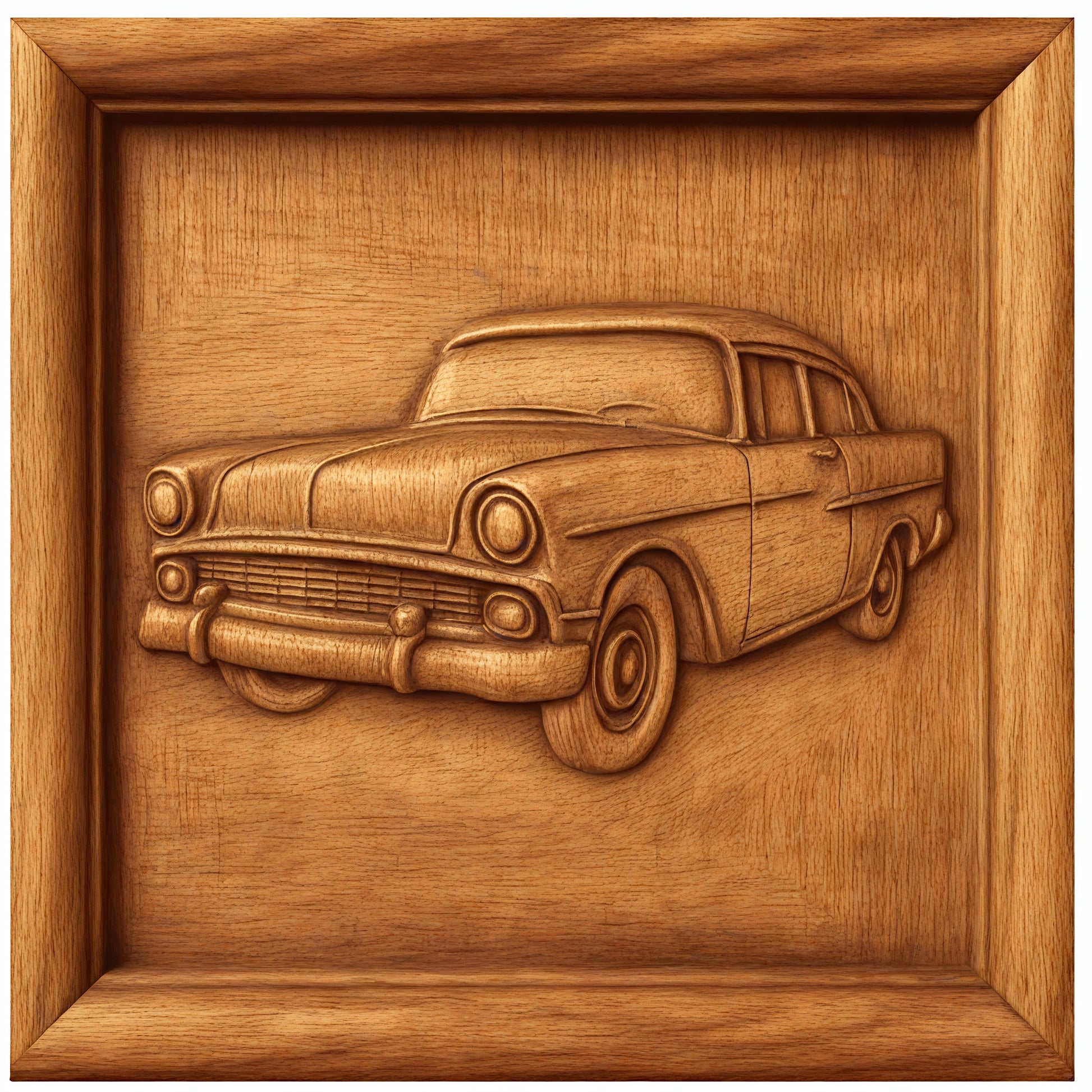 The Form Arcade "Classic Car Collection 8-Pack STL Bundle" features vintage car CNC reliefs with smooth lines and textures, adding depth and dimension to each vehicle against a flat wooden background.