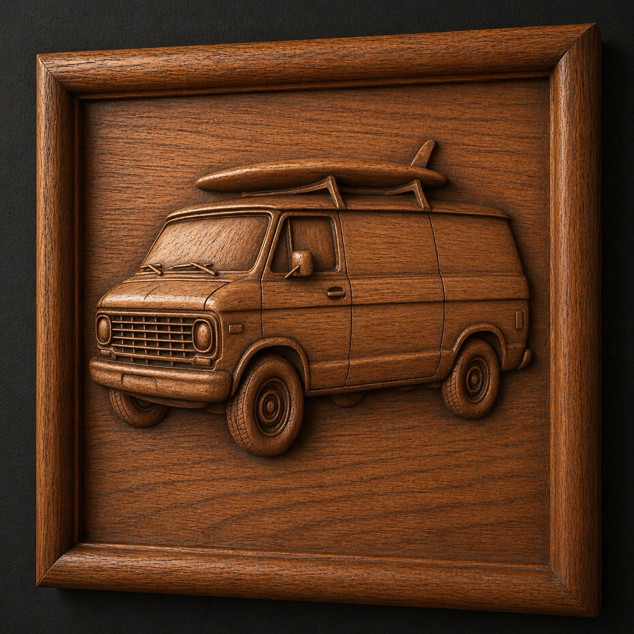 The Classic Car Collection 8-Pack STL Bundle by Form Arcade features detailed CNC reliefs of vintage cars, including a classic van with a surfboard. Perfect for 3D printing or CNC projects, each design highlights smooth wood textures and authentic details.