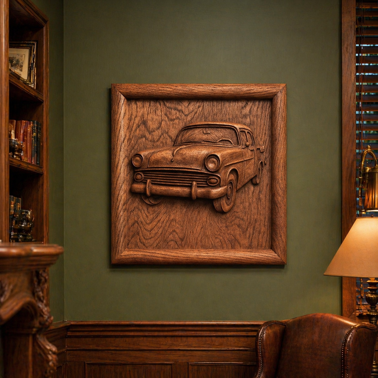 A framed piece from the Classic Car Collection 8-Pack STL Bundle by Form Arcade hangs on a green wall in a cozy, wood-paneled study with a leather armchair, bookshelf, and lamp.