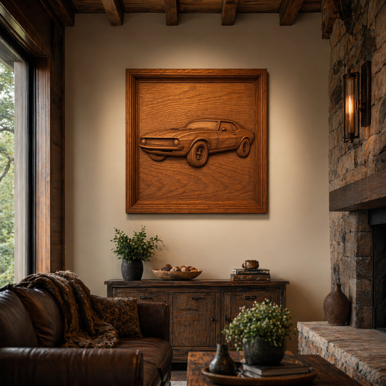 A cozy living room with a leather sofa, wooden furniture, and stone fireplace features the Form Arcade Classic Car Collection 8-Pack STL Bundle vintage car CNC wall art above a cabinet with plants and bowls, sunlight streaming through the window.