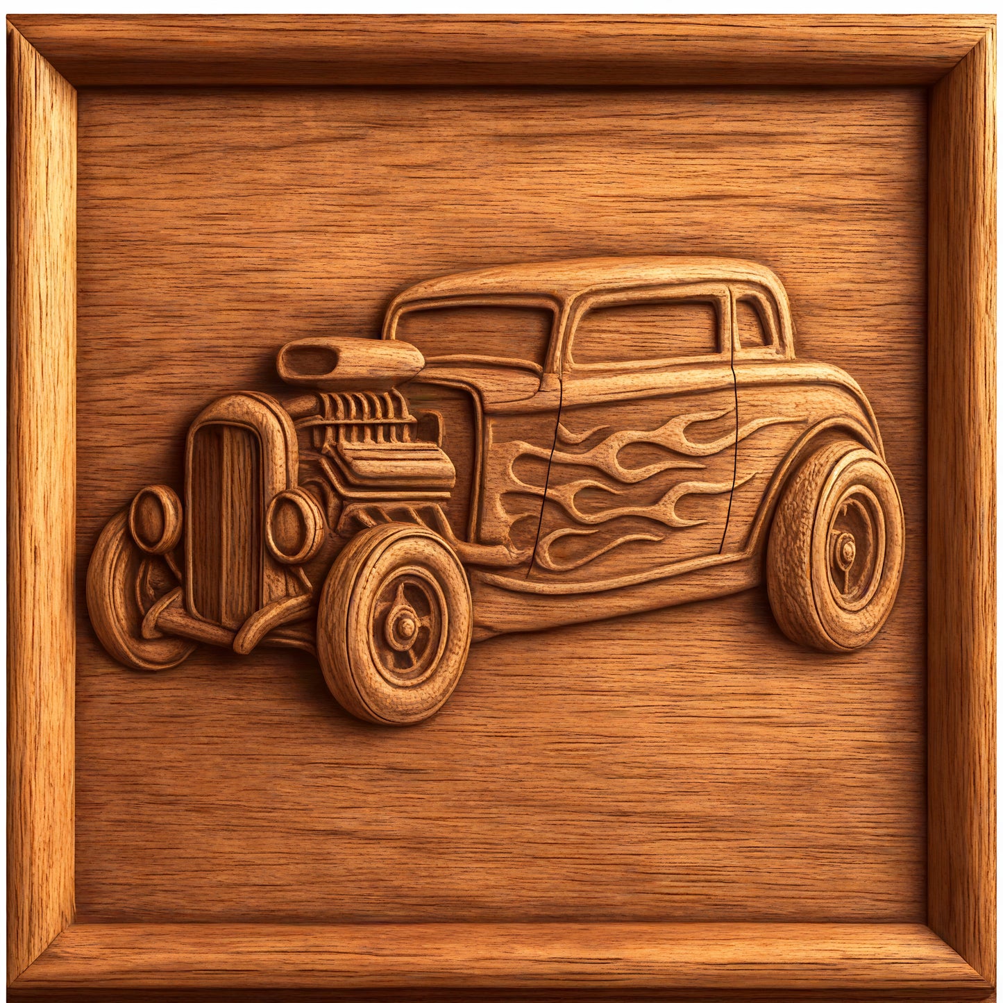 The Classic Car Collection 8-Pack STL Bundle by Form Arcade features detailed CNC reliefs of vintage cars, including hot rods with flame designs and wooden frames—perfect for classic car enthusiasts and makers.
