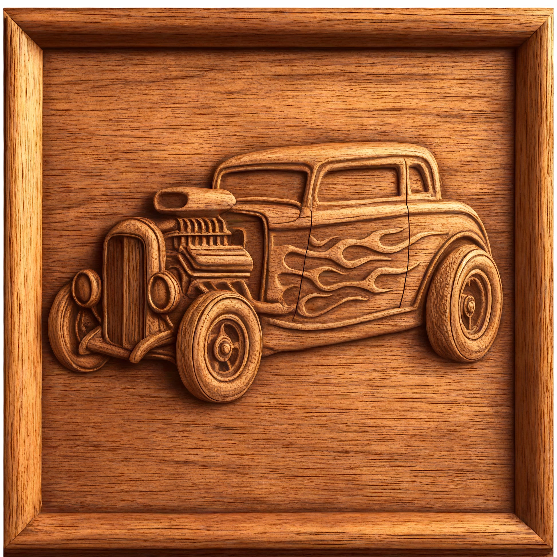 The Classic Car Collection 8-Pack STL Bundle by Form Arcade features detailed CNC reliefs of vintage cars, including hot rods with flame designs and wooden frames—perfect for classic car enthusiasts and makers.