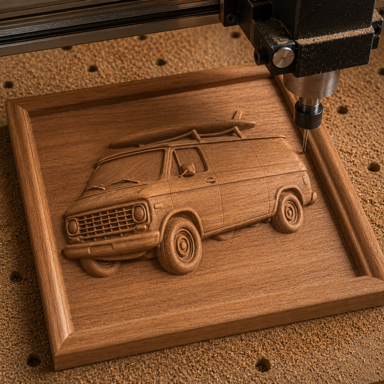 Using Form Arcade’s Classic Car Collection 8-Pack STL Bundle, a CNC machine carves a vintage van with surfboard relief onto a square wooden plaque displayed on a perforated work surface.
