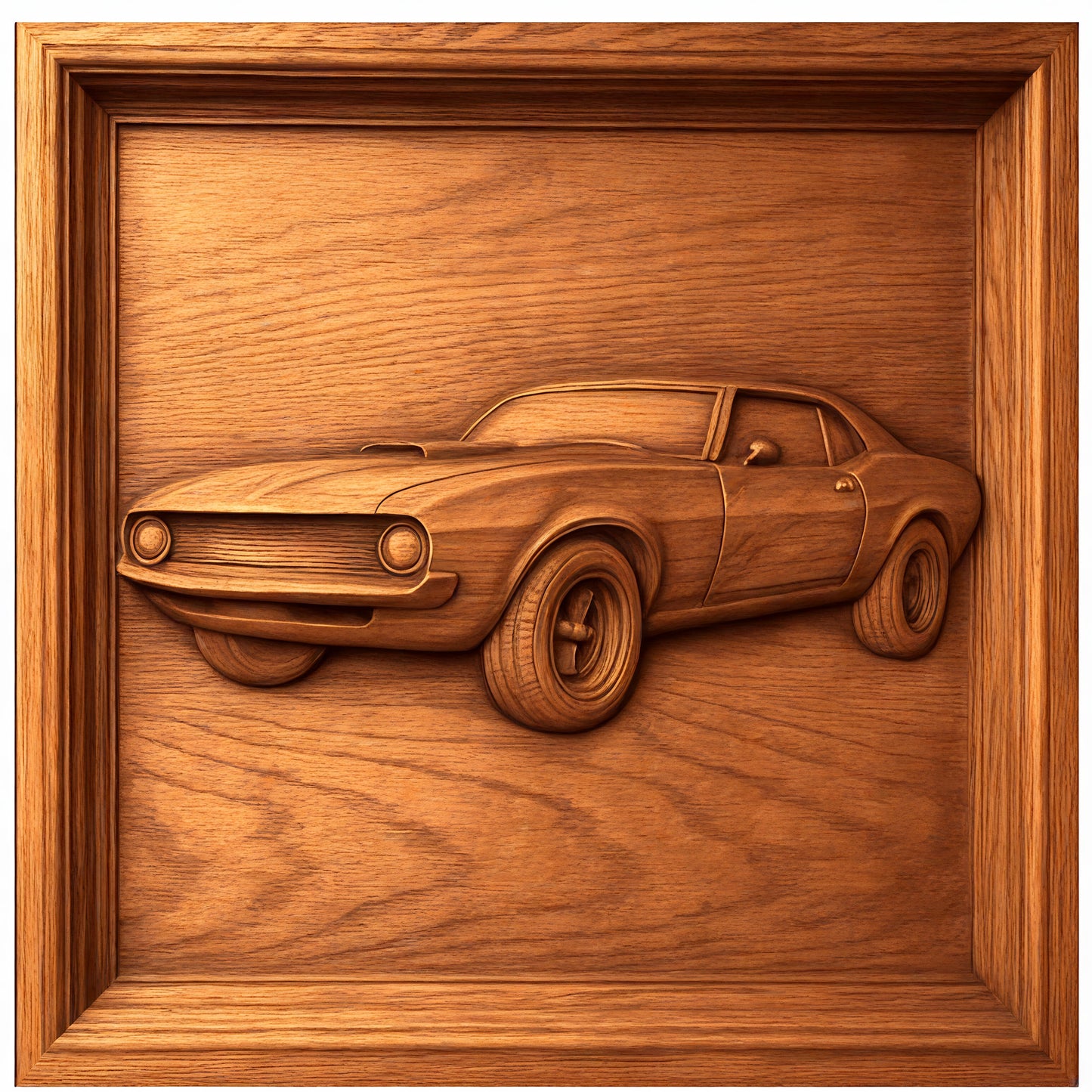 Form Arcade’s Classic Car Collection 8-Pack STL Bundle features detailed vintage car reliefs, perfect for CNC carving. Each design showcases a muscle car emerging from a rectangular frame, ideal for classic car projects.