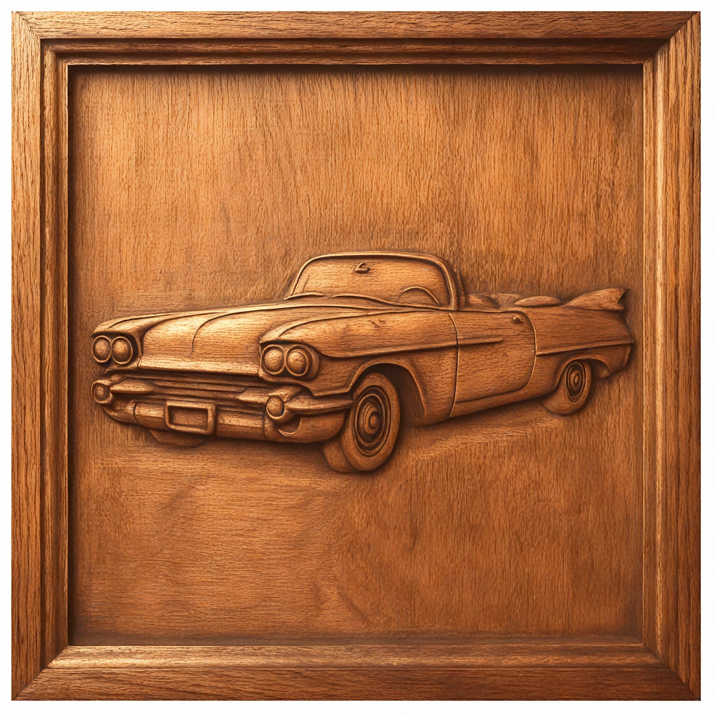 The Classic Car Collection 8-Pack STL Bundle by Form Arcade features vintage car relief designs on rectangular panels, showcasing front and side views—ideal for CNC carving or 3D printing projects.