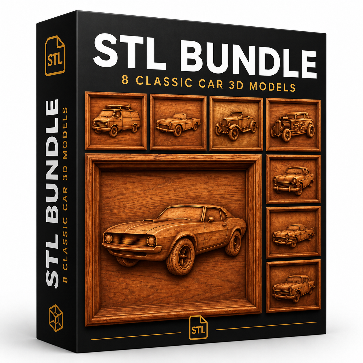The Classic Car Collection 8-Pack STL Bundle by Form Arcade features CNC relief files of vintage cars for creating wooden plaques—ideal for woodworking wall art.