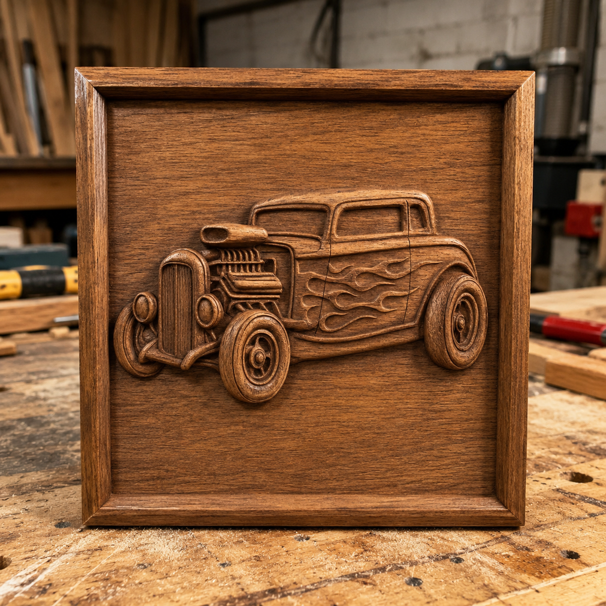 A Classic Hot Rod Car CNC Relief STL File by Form Arcade, showcasing a vintage hot rod with flame details in 3D—ideal for woodworking projects and displayed as intricately carved wall art on a workshop bench.