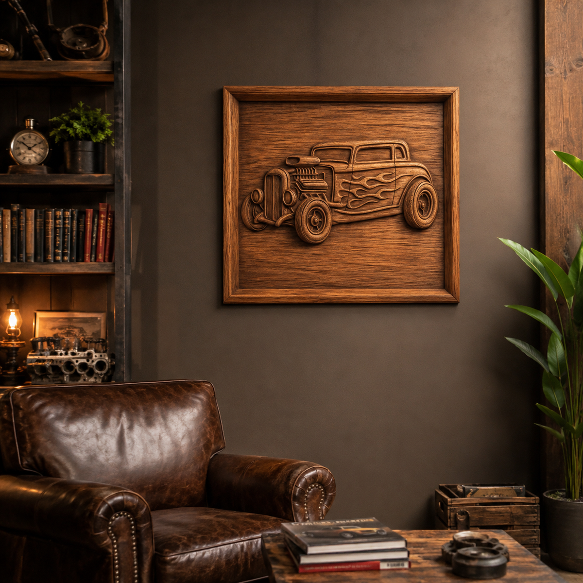 A cozy room features a leather chair, bookshelf, and a striking wooden wall art piece made from the "Classic Hot Rod Car CNC Relief STL File | Vintage CNC Wall Art" by Form Arcade, showcasing a vintage hot rod car with flames. The artwork is mounted on a brown wall above a plant and wooden side table—an ideal choice for anyone interested in unique woodworking projects.