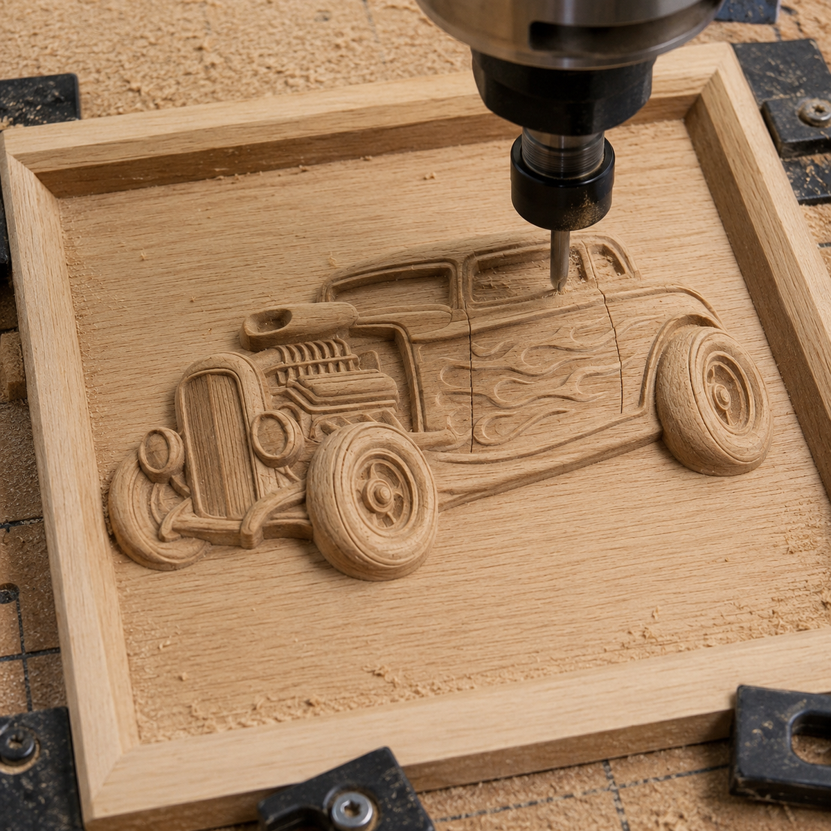 Form Arcade’s "Classic Hot Rod Car CNC Relief STL File | Vintage CNC Wall Art" features a detailed, flame-adorned hot rod car design expertly carved into a square wooden board by a CNC machine. Surrounded by wood shavings, this impressive relief carving provides perfect inspiration for your next woodworking project.