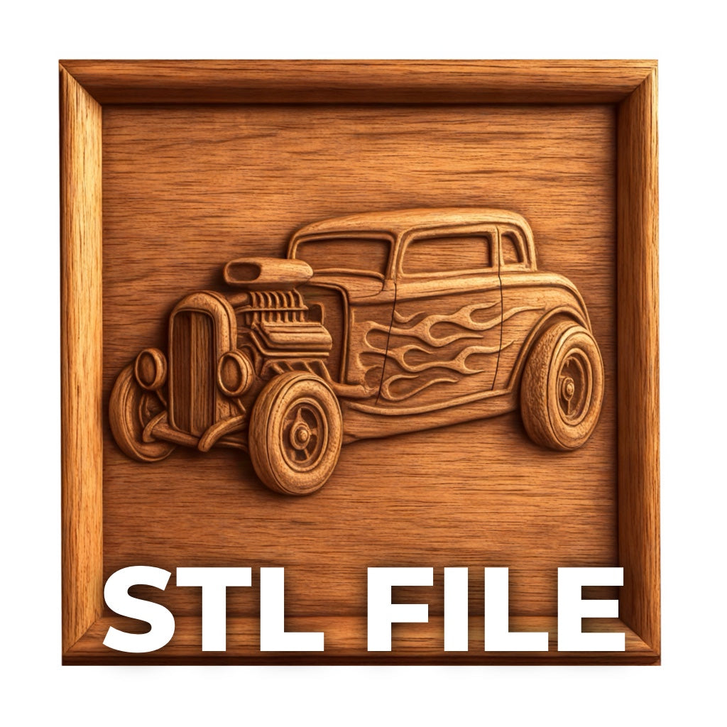 Classic Hot Rod Car CNC Relief STL File by Form Arcade features a detailed 3D wood carving of a vintage hot rod with flame designs, framed in wood. "Vintage CNC Wall Art" is displayed in bold white letters at the bottom.