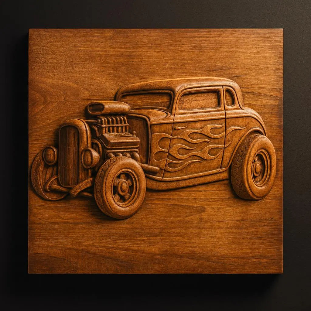 The Classic Hot Rod Car CNC Relief STL File from Form Arcade features a vintage hot rod car with flame designs on its side against a dark background—ideal for woodworking projects and perfect as striking CNC wall art.