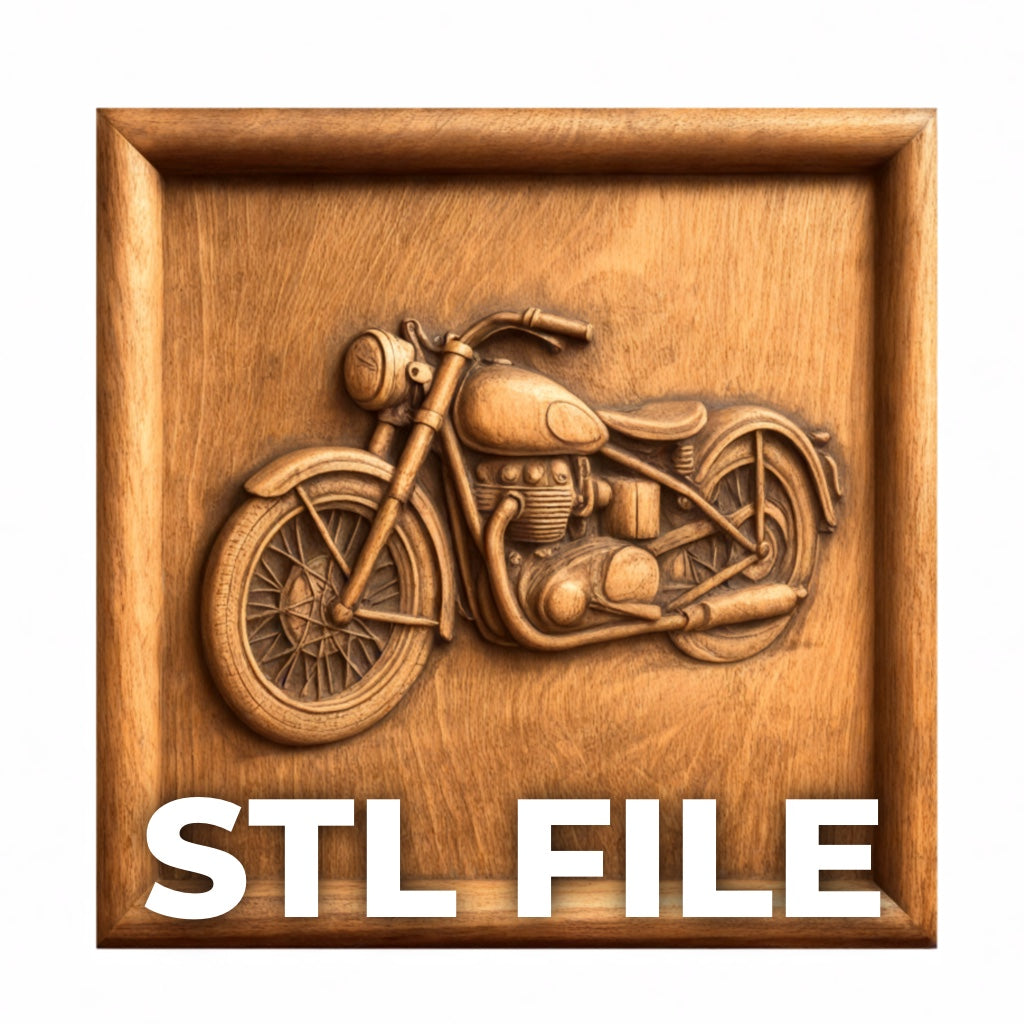 Create stunning CNC wall art with the Classic Motorcycle Relief STL File by Form Arcade—a detailed 3D carved vintage motorcycle on a wooden plaque. "Motorcycle Relief STL FILE" is boldly displayed at the bottom, perfect for your next project.