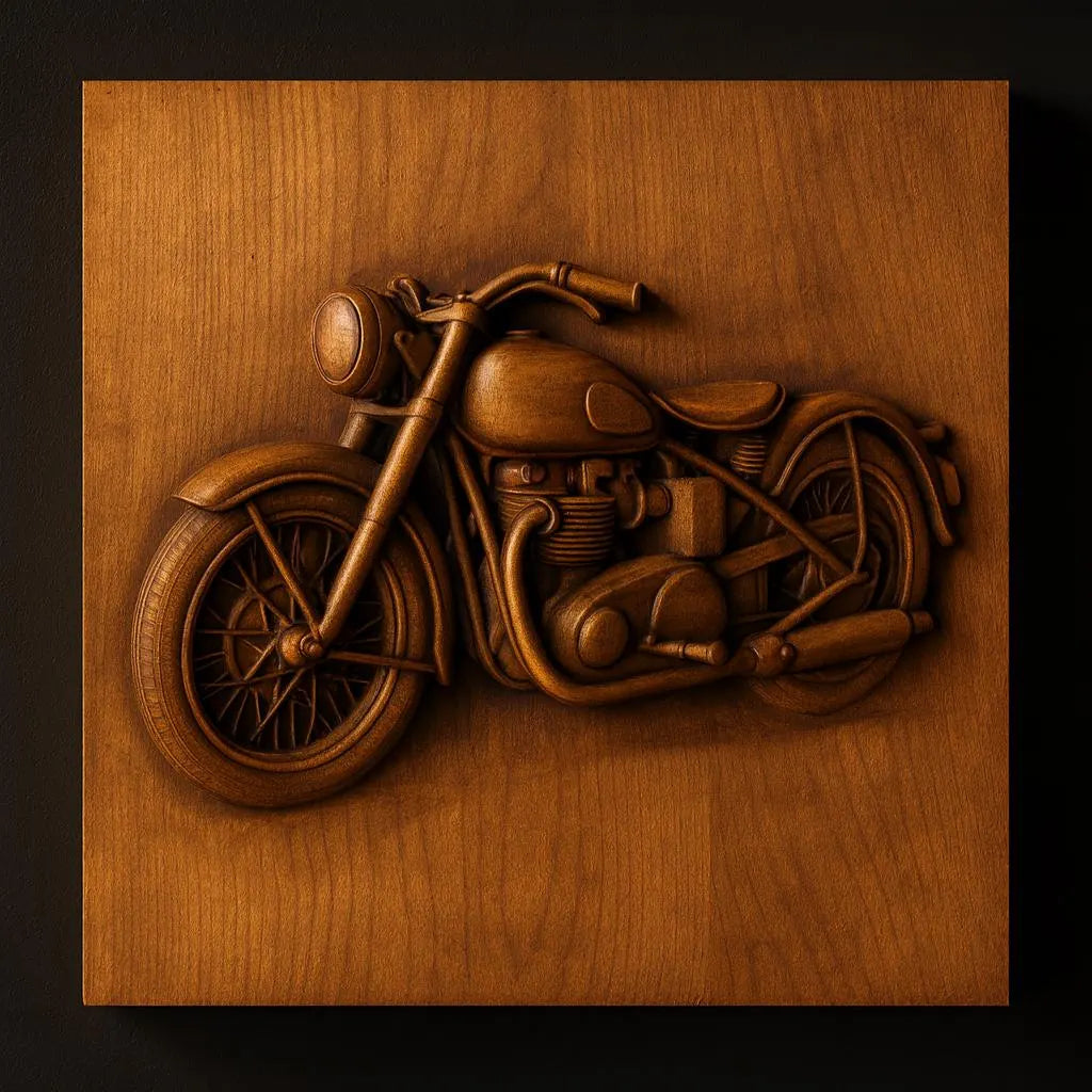 The Classic Motorcycle Relief STL File by Form Arcade features a detailed CNC relief carving of a vintage motorcycle on a square panel—perfect as motorcycle CNC wall art or an eye-catching woodworking project.