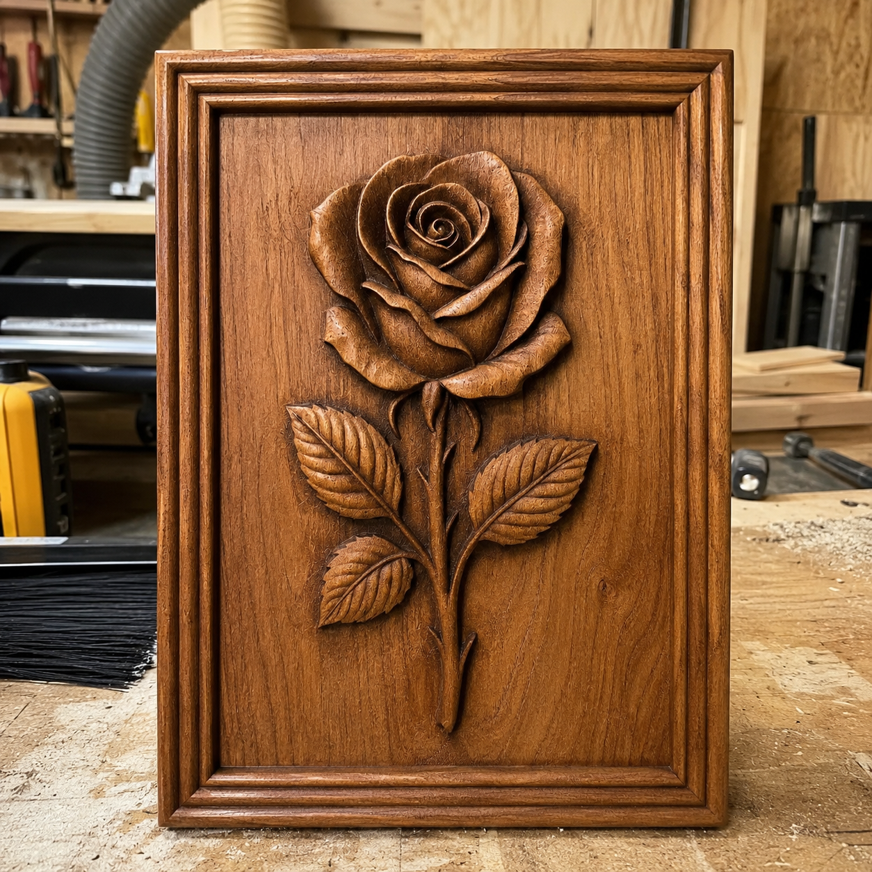 A wooden plaque showcases a detailed, carved rose with leaves, standing upright on a workbench in a woodshop. Tools and wood pieces blur into the background, highlighting this woodworking project that could be crafted using the Classic Rose Portrait Relief STL File | Floral CNC Wall Art by Form Arcade.