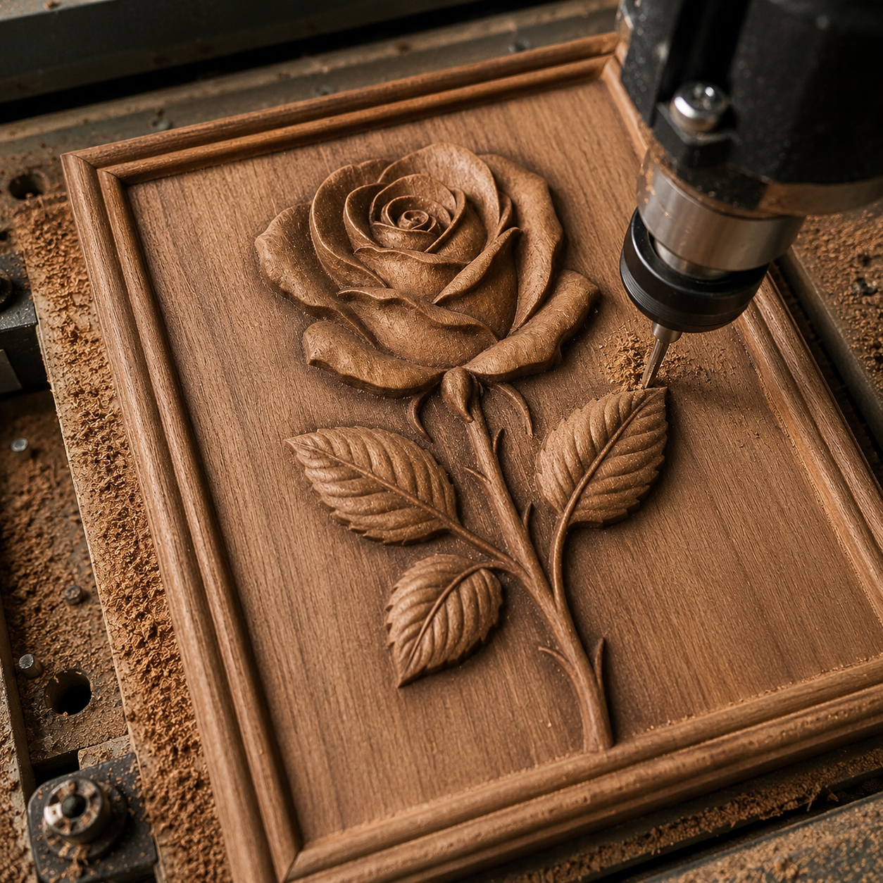 A CNC machine engraves a detailed rose with leaves onto a wooden plaque, surrounded by wood shavings—an inspiring woodworking project made possible with the Classic Rose Portrait Relief STL File | Floral CNC Wall Art from Form Arcade.
