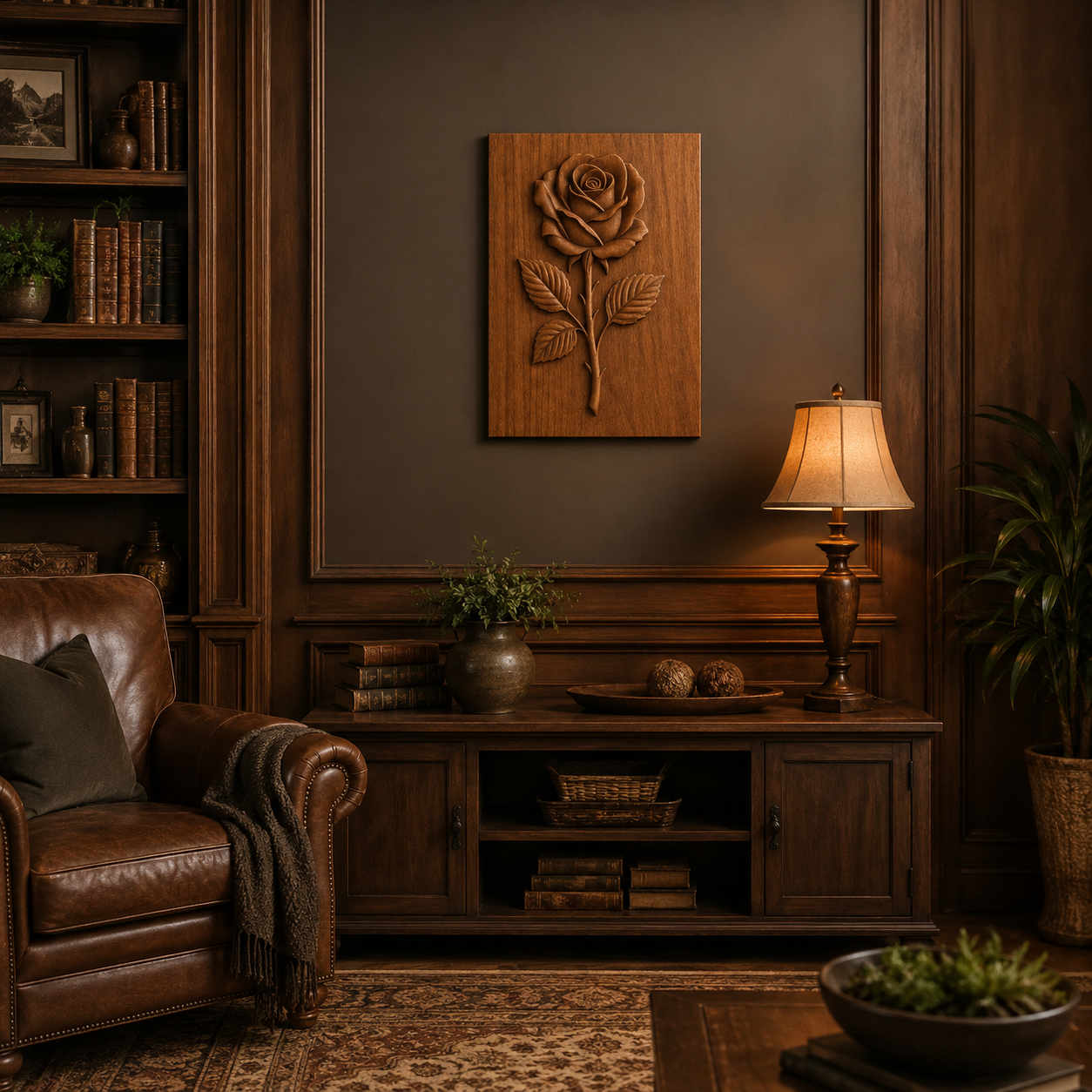 A cozy, elegant living room with dark wood furniture, a leather armchair, bookshelves, a lamp, and the beautiful "Classic Rose Portrait Relief" floral wall art—created using Form Arcade's CNC carving STL file—hanging on the brown wall. Plants and decorative items add warmth to the scene.