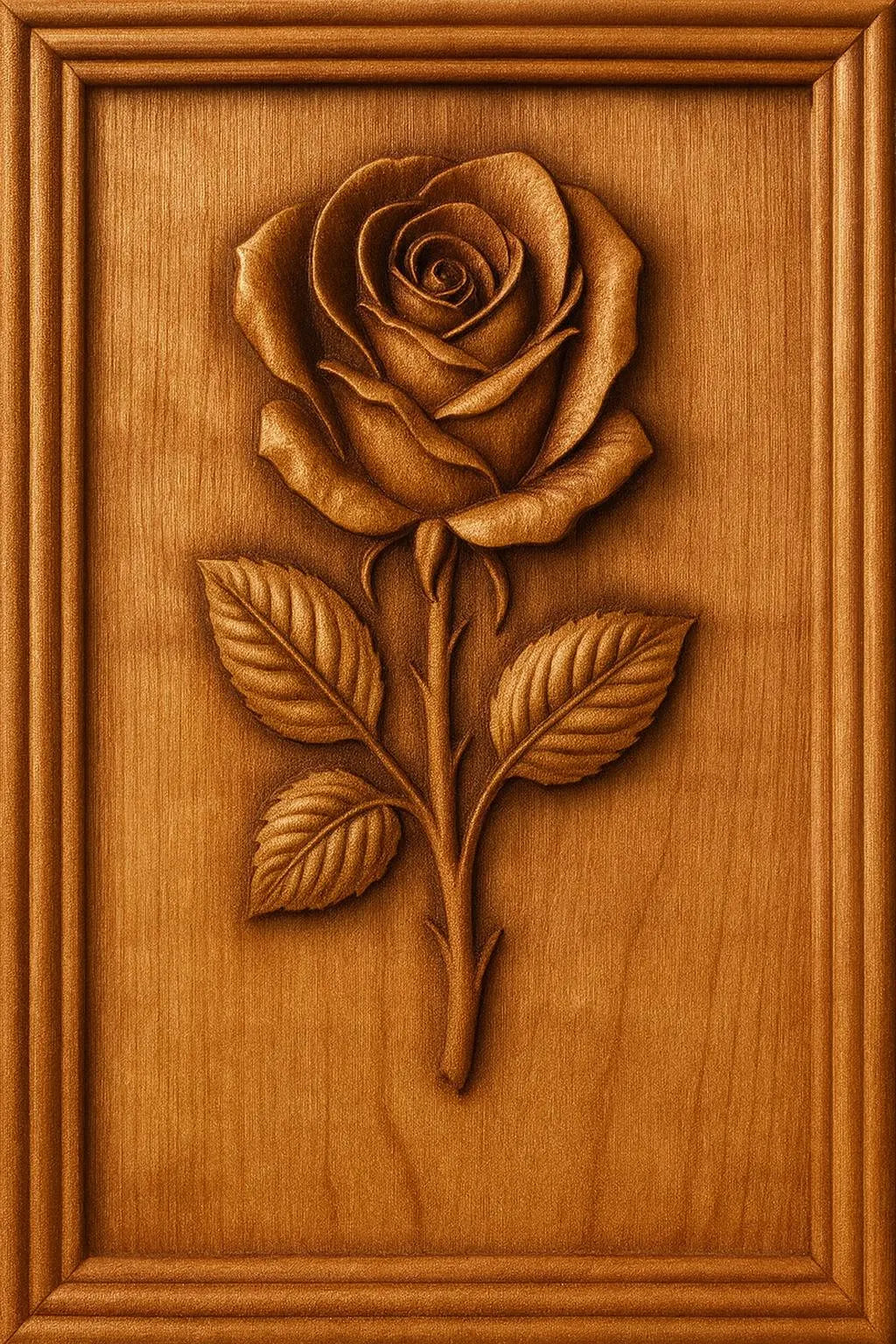 The Classic Rose Portrait Relief STL File by Form Arcade features a finely detailed wood carving of a rose with stem and leaves, framed in a rectangular border. Ideal for woodworking projects, this floral CNC wall art design is available as an STL file for use in relief carving.