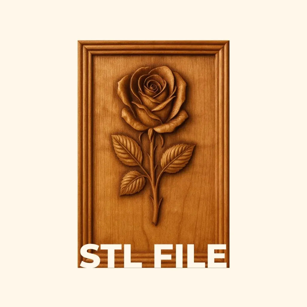 A carved wooden panel showcases a classic rose portrait with leaves in relief. The image displays "STL FILE" at the bottom, indicating it is the Classic Rose Portrait Relief STL File from Form Arcade, designed for floral CNC wall art and suitable for woodworking or CNC carving projects.
