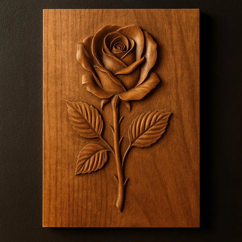 The Classic Rose Portrait Relief STL File | Floral CNC Wall Art by Form Arcade features a beautifully detailed wooden plaque with an intricately carved rose—including its petals, stem, and leaves—displayed against a dark background. This digital file is perfect for woodworking projects, providing precision and ease in your next creation with its high-quality Rose relief STL format suitable for CNC carving.