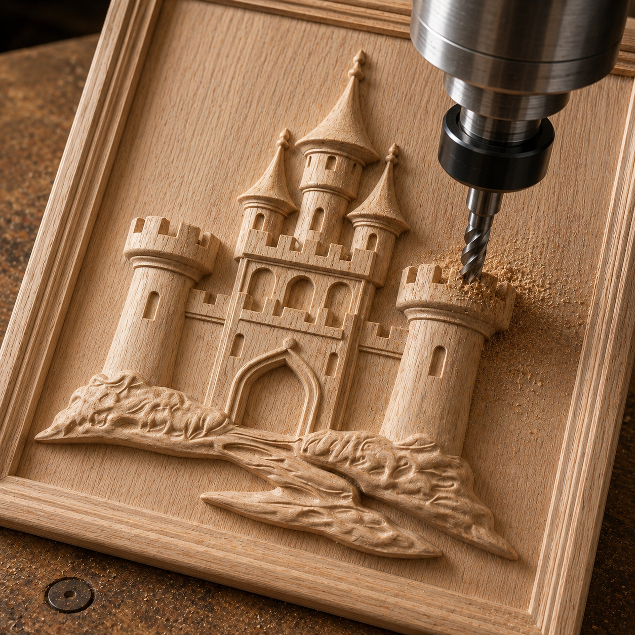 Form Arcade’s Fantasy Fortress Castle Relief STL File creates a detailed medieval castle with towers and arches on a wood panel, sculpted by CNC carving—bringing this impressive CNC wall art to life amid scattered wood shavings.