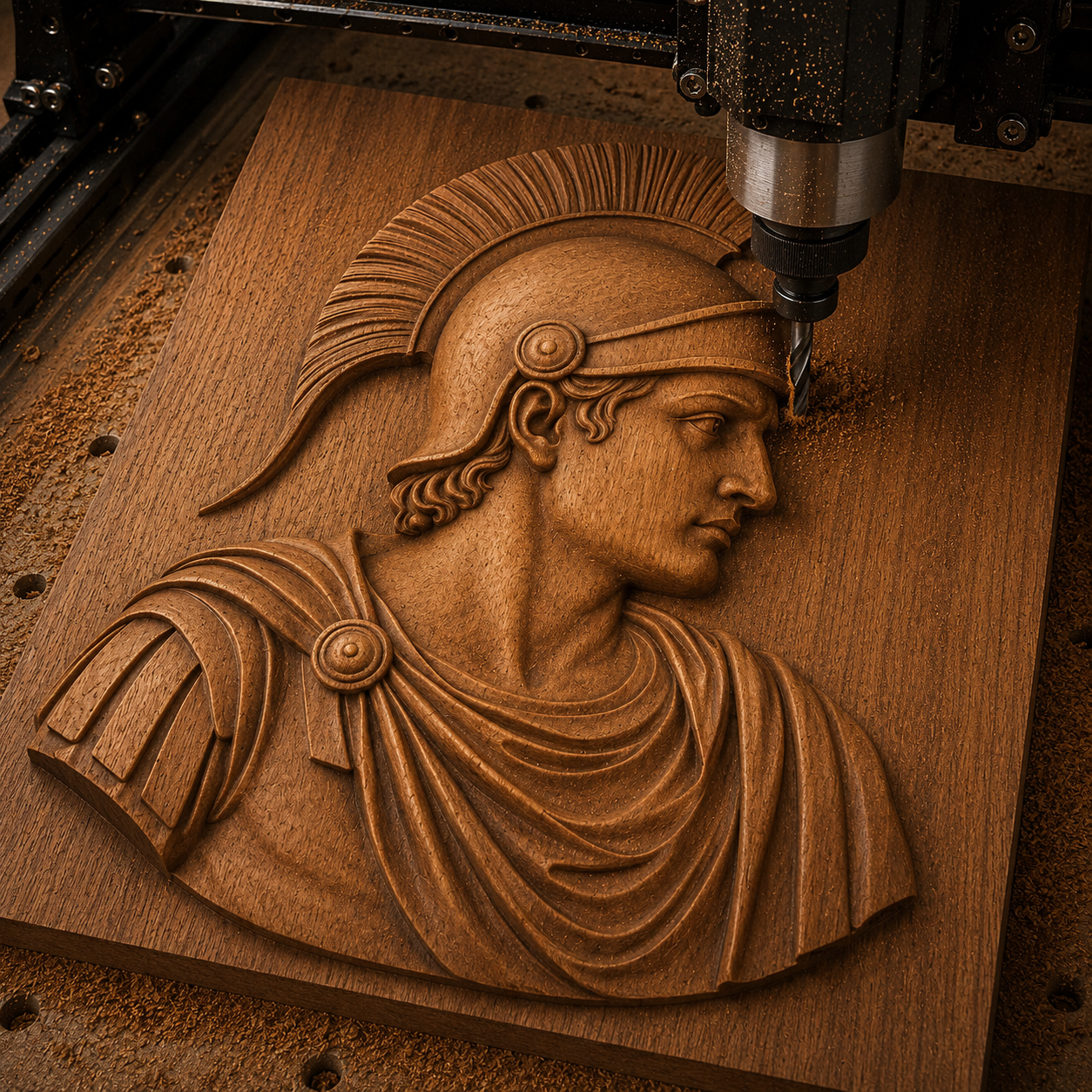 The Form Arcade Roman Warrior Profile Relief STL File lets your CNC carve a detailed Roman soldier in helmet and armor into wood, creating striking wall art as fine shavings fall. Perfect for decorative projects and CNC enthusiasts.