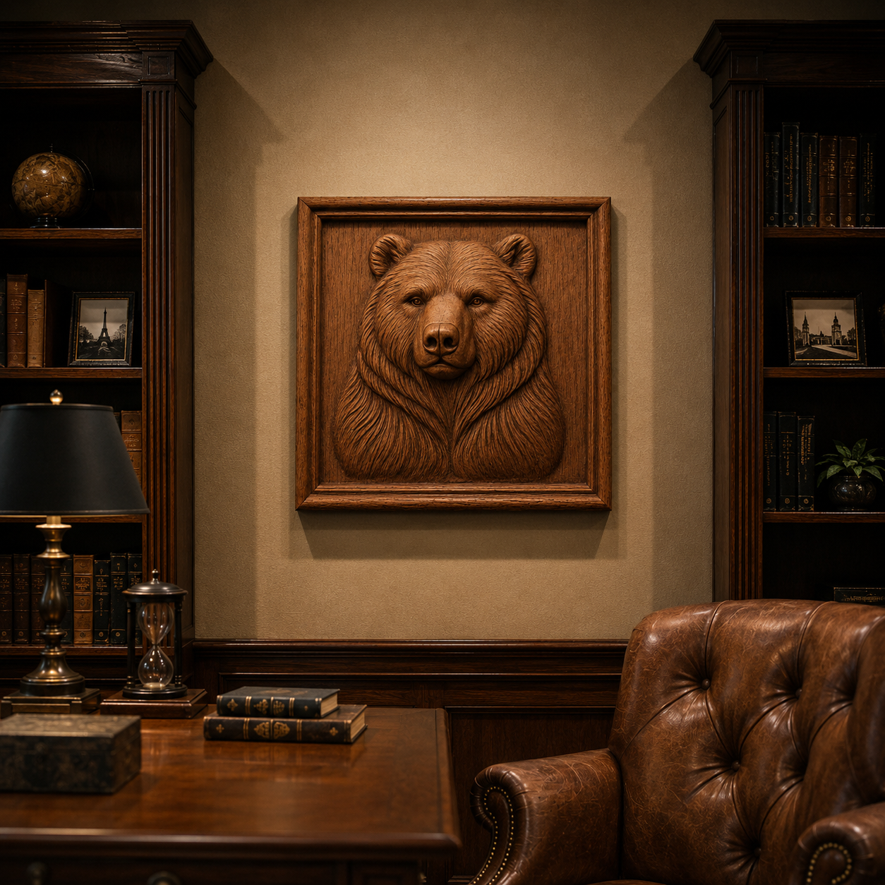 A sophisticated study showcases Form Arcade's Bear Portrait Relief STL File | Bear Wildlife CNC Wall Art on the wall, surrounded by bookshelves, a desk with books and a lamp, and a tufted leather chair for a warm, classic feel.
