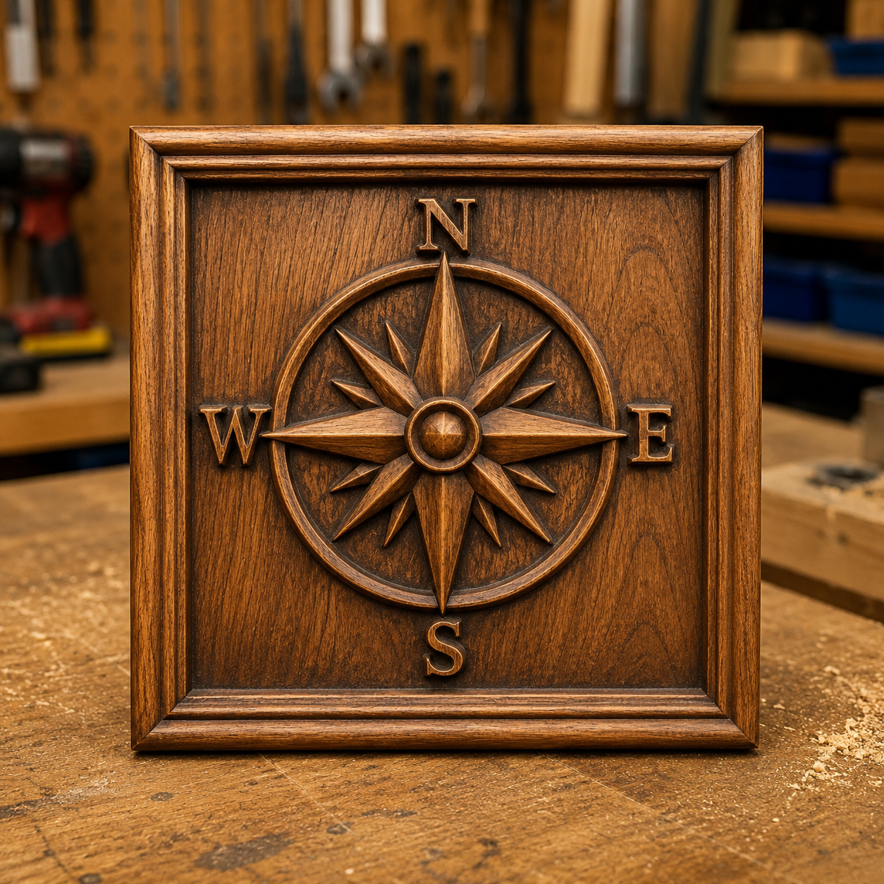 The Compass Rose CNC Relief STL File | Nautical CNC Wall Art by Form Arcade is shown upright on a workbench in a woodworking shop, featuring cardinal directions (N, S, E, W) carved in relief.