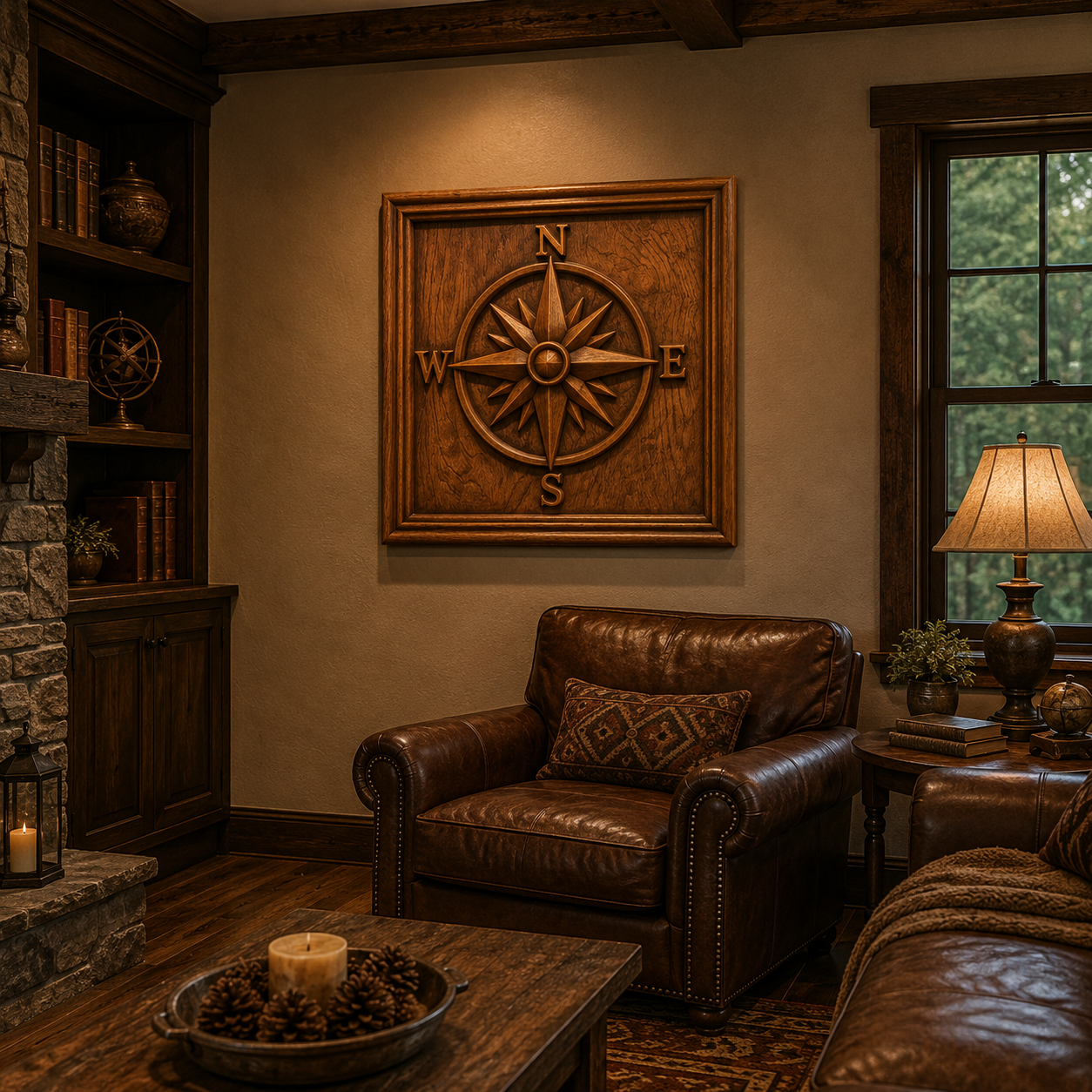 A cozy living room featuring a leather armchair, wooden accents, a lamp, bookshelves, and the Compass Rose CNC Relief STL File | Nautical CNC Wall Art by Form Arcade displayed above the chair. The space exudes warmth and comfort with rustic decor and soft lighting.